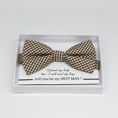 Brown Ivory gingham bow tie, Best man request gift, Groomsman bow tie, Man of honor gift, Best man bow tie, best man gift, man of honor request, thank you