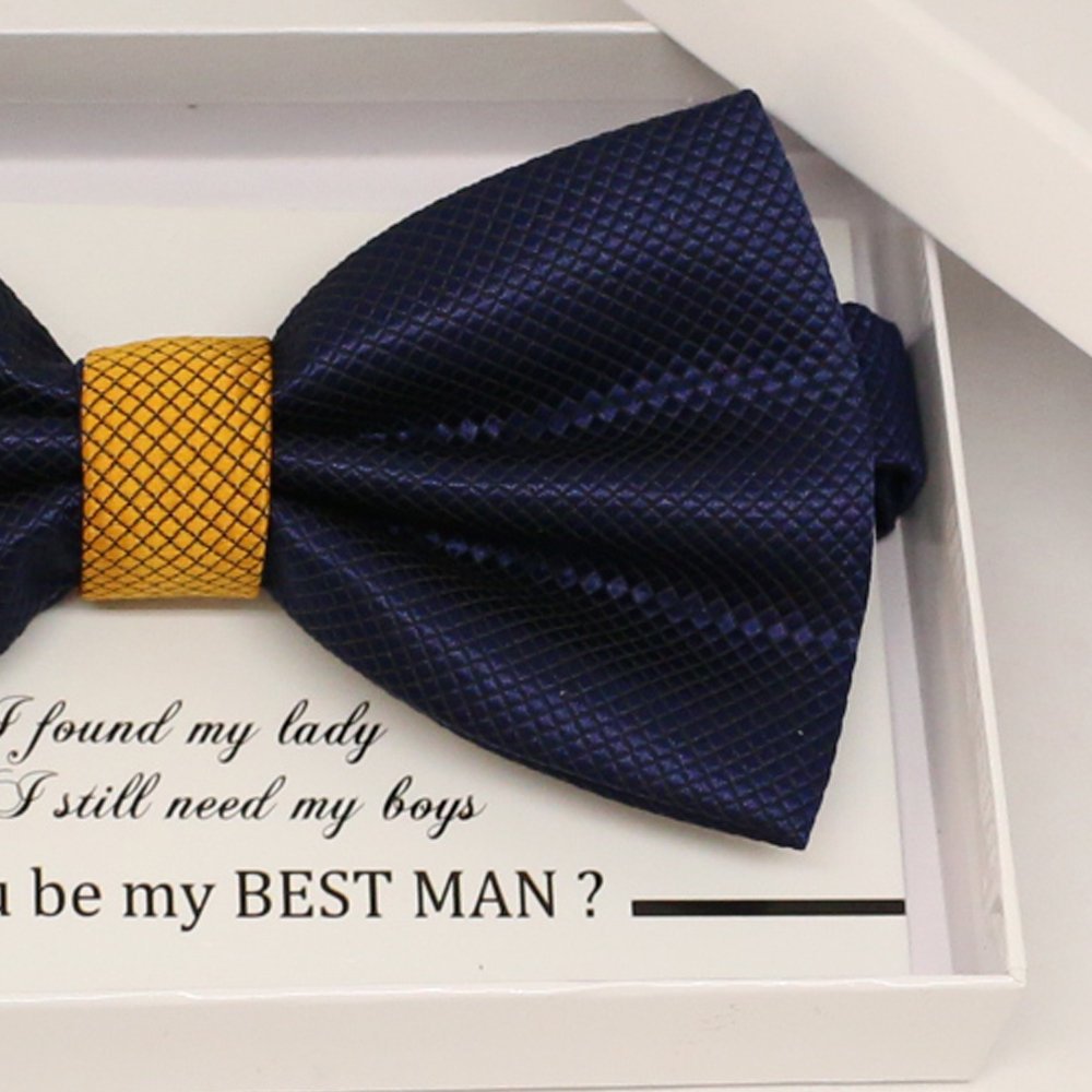 Navy Gold bow tie, Best man request gift, Groomsman bow, Ring Bearer bow tie, Man of honor, baby announcement, toddler bow, Some thing blue