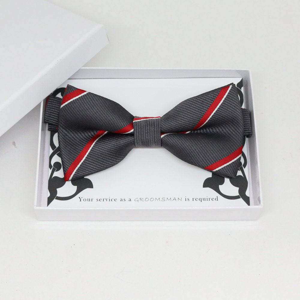 Charcoal Bow tie, Ready tied, Red white stripes bow tie ,Handmade Bow tie, Will you be my best man,Man of honor,Men bow tie, Grooms man