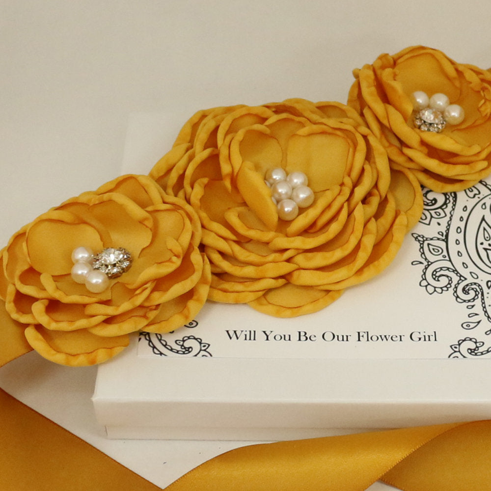 Gold Rose Flower Sash, Flower girl sash belt, Satin sash, Flower belt,Maternity sash, Wedding Sash belt, Bridesmade Sash, Golden Party