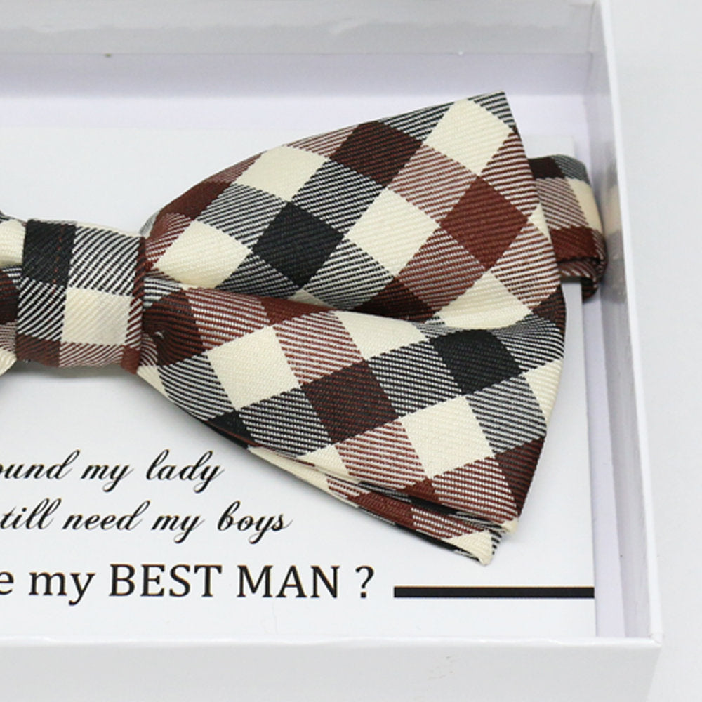 Gingham brown Ivory bow tie, Best man request gift, Groomsman bow tie, Man of honor gift, Best man bow, best man gift, man of honor request