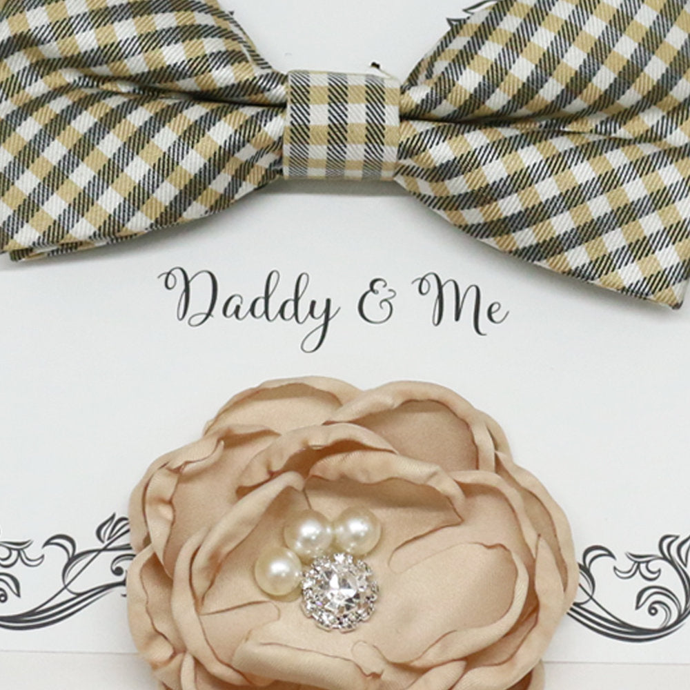 Champagne Headpiece bow tie,Daddy and me gift set, Mommy and me gift set, Flower and bow tie, Chamagne wedding, flower gift, best man gift
