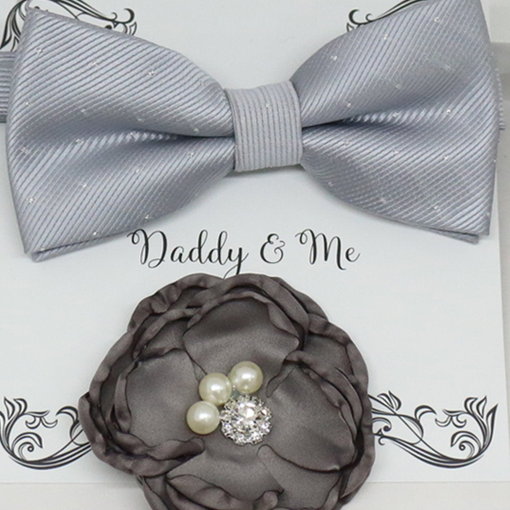 Charcoal French rose Headpiece, Silver bow tie, Me & daddy, Daddy's Daughter, Hairpin, Flower headpiece,Flower and bow tie set, Gray set