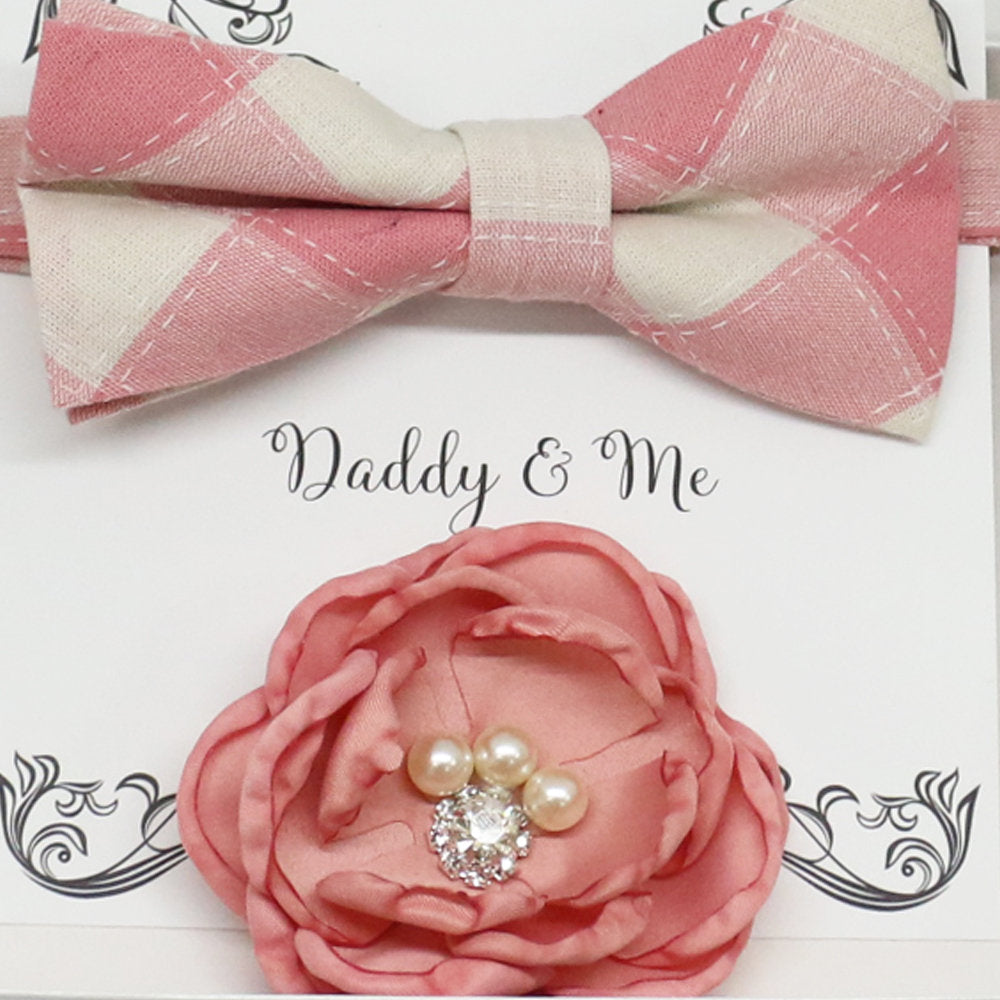 Dusty pink French rose Headpiece, Plaid Pink bow tie, Me & daddy, Daddy's Daughter,Mommy and me, Flower headpiece, bow tie