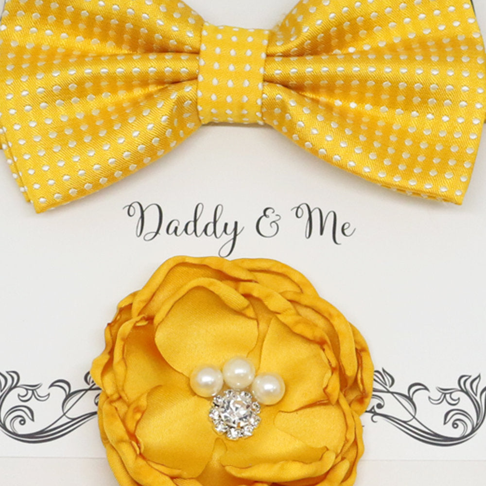 Daddy me gift set, mommy me gift set, Yellow pearl beaded Headpiece, Yellow bow tie, Flower headpiece, flower girl,Toddler Twin gift