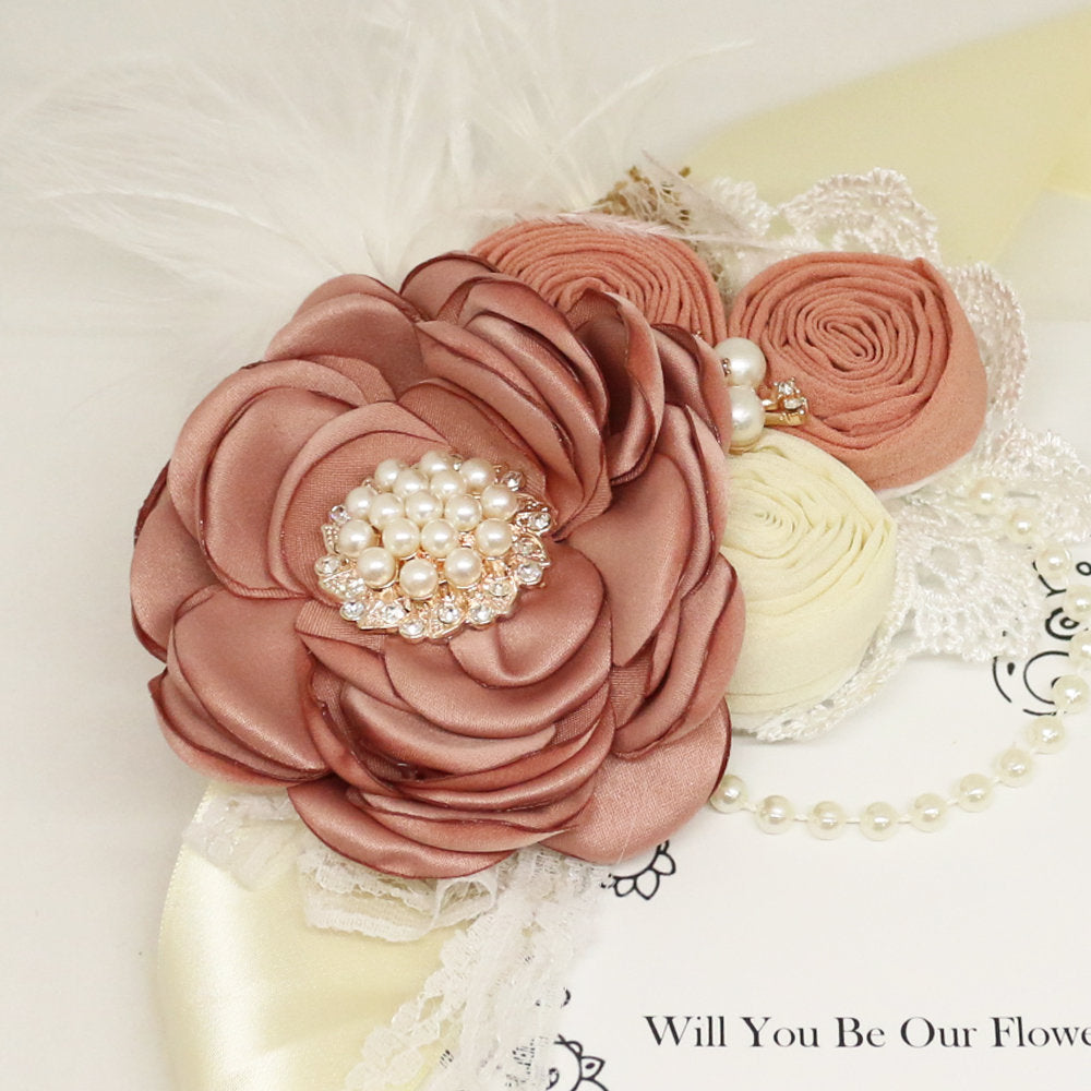 dusty pink rose with diamond Sash, Flower girl sash belt, Satin sash, Maternity Flower Sash,Flower belt, Wedding Sash belt, Bridemade Sash