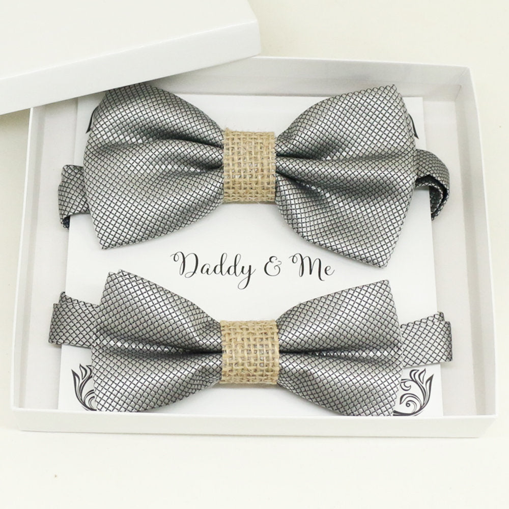 Silver burlap Bow tie set for daddy and son, Daddy me gift set, Grandpa and me, Father son matching, Toddler bow tie, daddy me bow tie gift