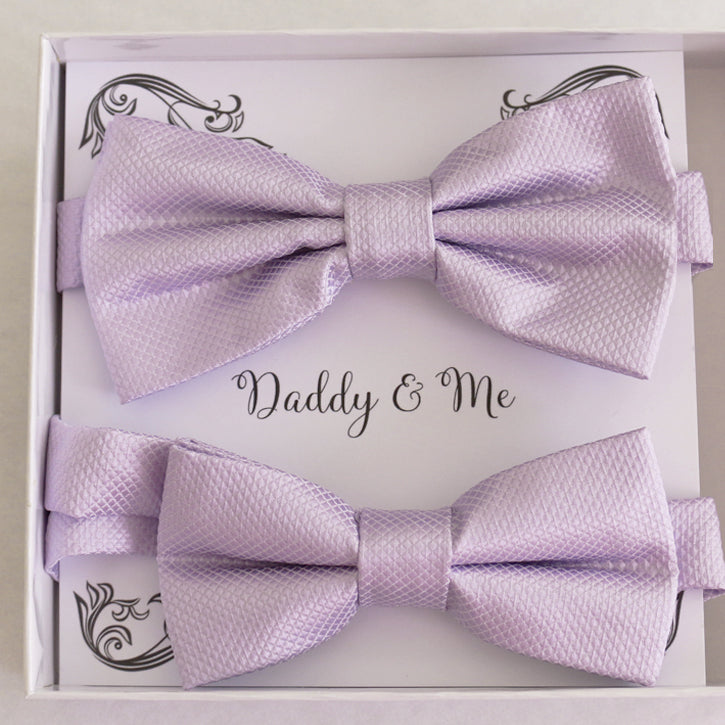Lilac daddy and me bow tie set in gift box — matching adult and kids handmade pre-tied bow ties