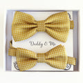 Mustard and White daddy and me bow tie set in gift box — matching adult and kids handmade pre-tied bow ties