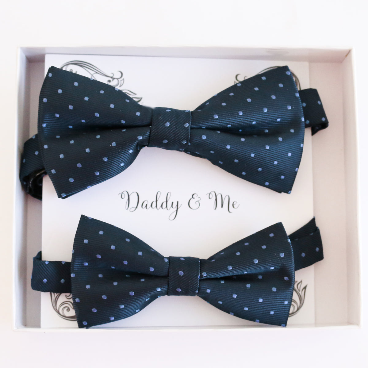 Navy Blue Polka Dots daddy and me bow tie set in gift box — matching adult and kids handmade pre-tied bow ties