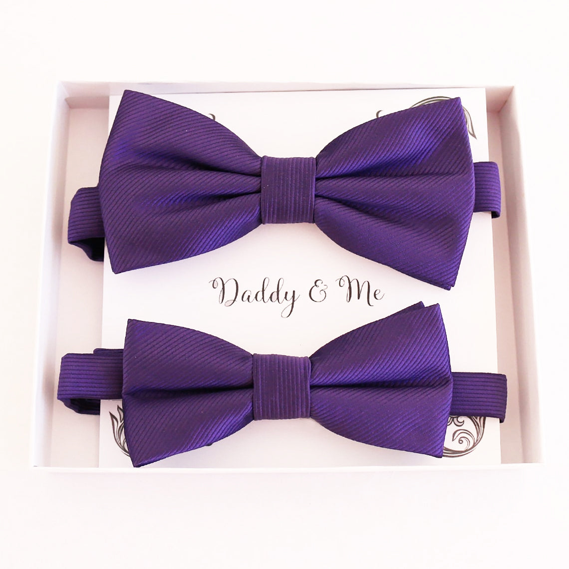 Purple daddy and me bow tie set in gift box — matching adult and kids handmade pre-tied bow ties