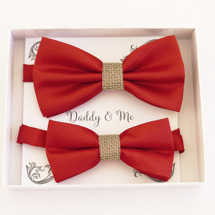 Red burlap Bow tie set for daddy and son, Daddy me gift set, Grandpa and me, Father son match, Red bow for kids bow tie, handmade bow tie