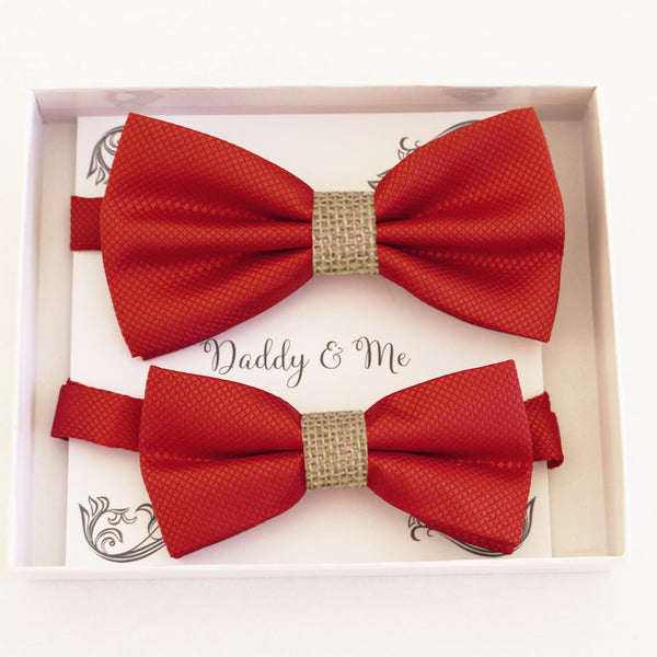Red burlap Bow tie set for daddy and son, Daddy me gift set, Grandpa and me, Father son match, Red bow for kids bow tie, handmade bow tie