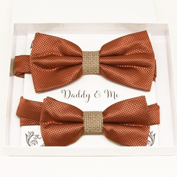 Rust Copper and Burlap daddy and me bow tie set in gift box — matching adult and kids handmade pre-tied bow ties