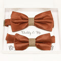 Rust Copper and Burlap daddy and me bow tie set in gift box — matching adult and kids handmade pre-tied bow ties