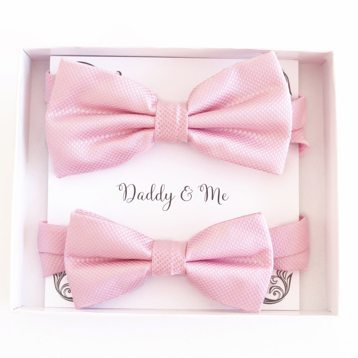 Soft Pink daddy and me bow tie set in gift box — matching adult and kids handmade pre-tied bow ties