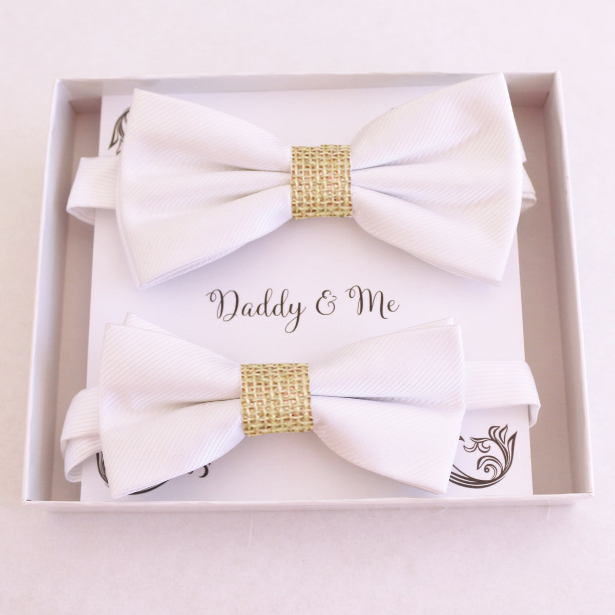 White and Burlap daddy and me bow tie set in gift box — matching adult and kids handmade pre-tied bow ties