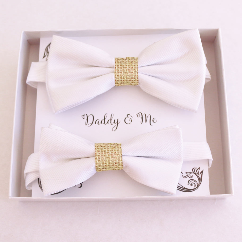 White burlap Bow tie set for daddy and son Daddy me gift set Father son match Handmade White burlap kids bow Adjustable pre tied bow