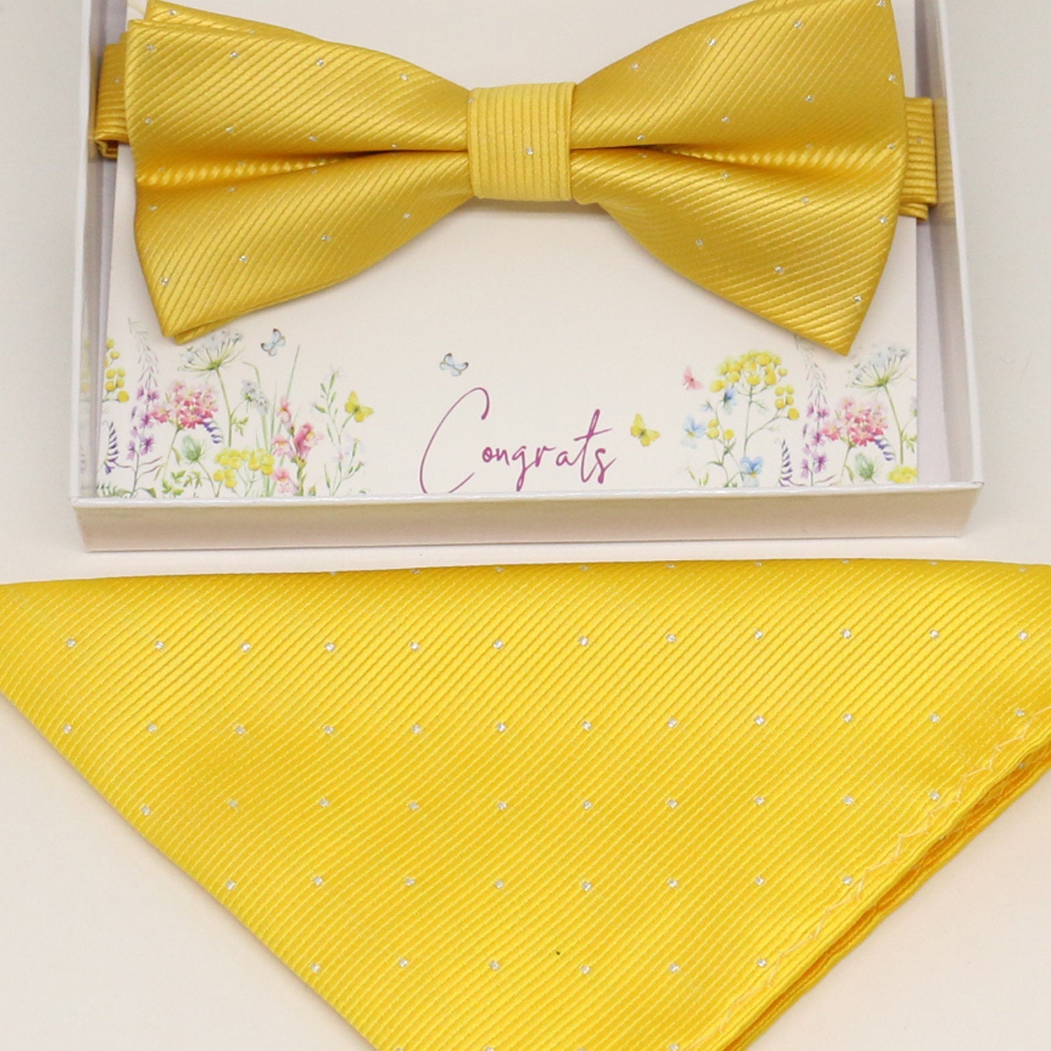 Yellow bow tie & Pocket Square, Best man Groomsman Man of honor ring bearer bow, birthday gift, Congrats grad, handkerchief, Yellow kids bow 