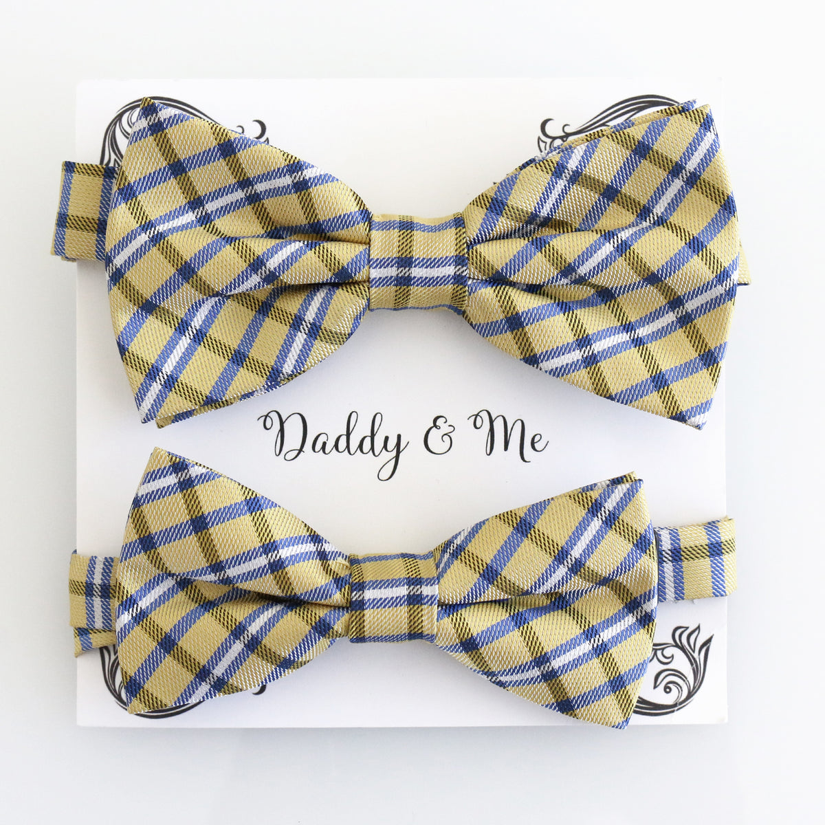 Yellow Navy Plaid daddy and me bow tie set in gift box — matching adult and kids handmade pre-tied bow ties