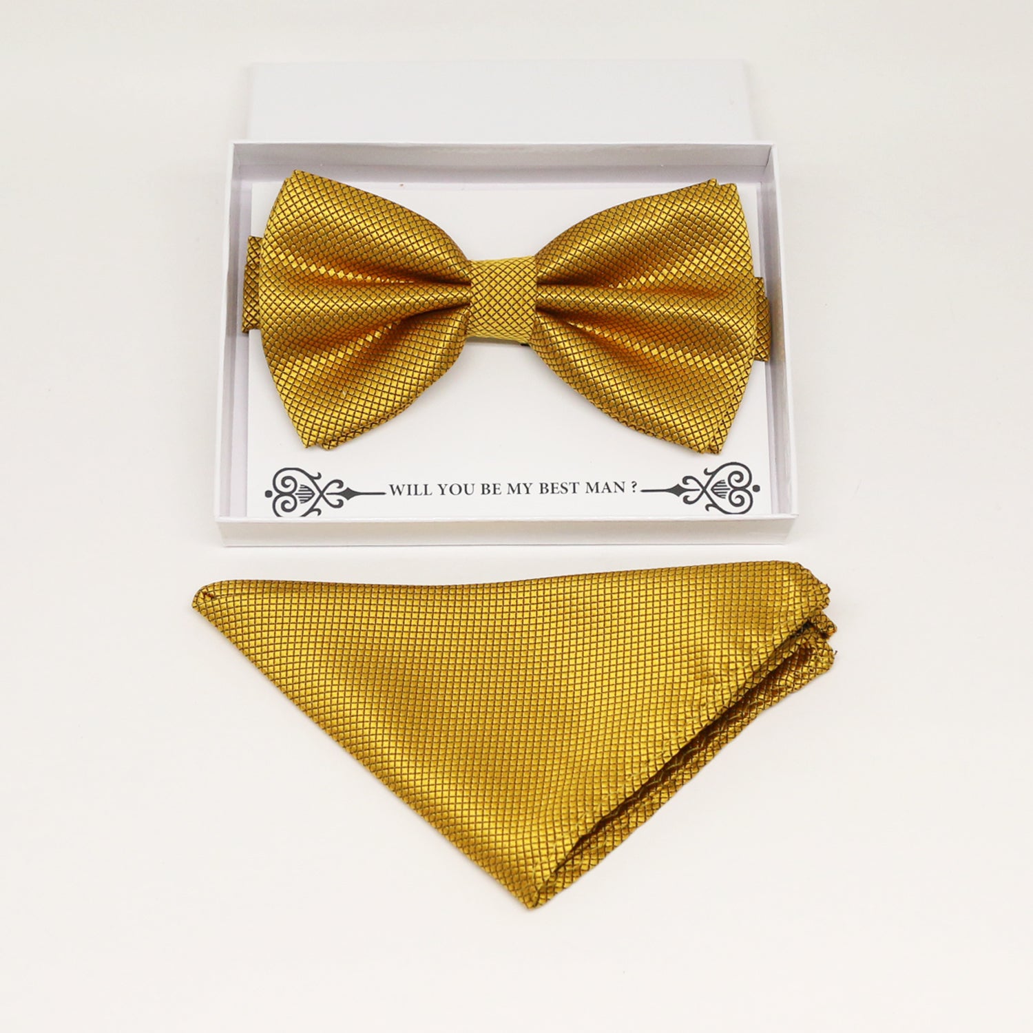 Gold bow tie & Gold Pocket Square, Best man Groomsman Man of honor ring breaer bow, birthday gift, Congrats grad, Gold handkerchief
