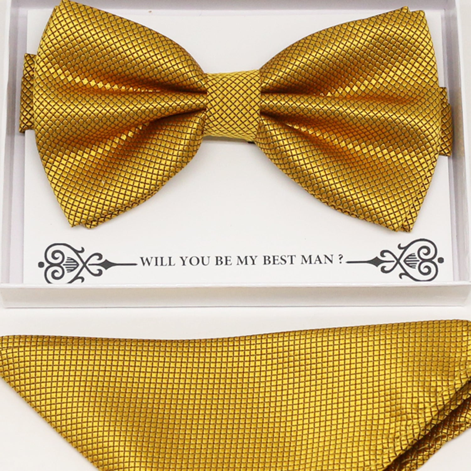 Gold bow tie & Gold Pocket Square, Best man Groomsman Man of honor ring breaer bow, birthday gift, Congrats grad, Gold handkerchief